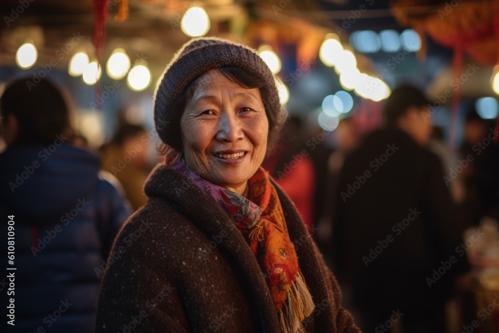Portrait of an elderly woman at Christmas market in Hong Kong.
