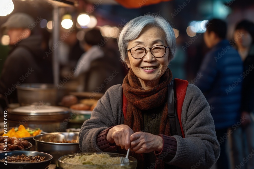 Happy asian senior woman buying food at street food market at night