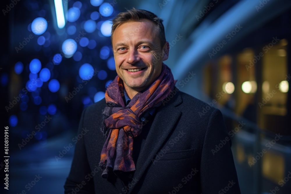 Portrait of a handsome man with scarf in the city at night Portrait of a handsome man with scarf in the city at night
