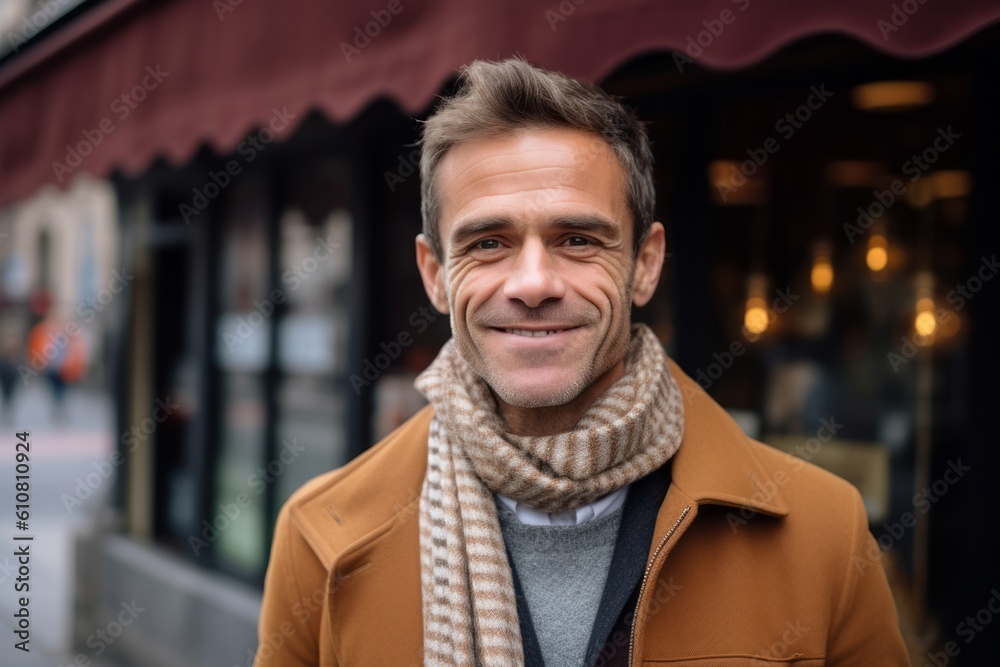 Medium shot portrait photography of a grinning man in his 40s that is wearing a chic cardigan against a parisian or european cafe background .  Generative AI