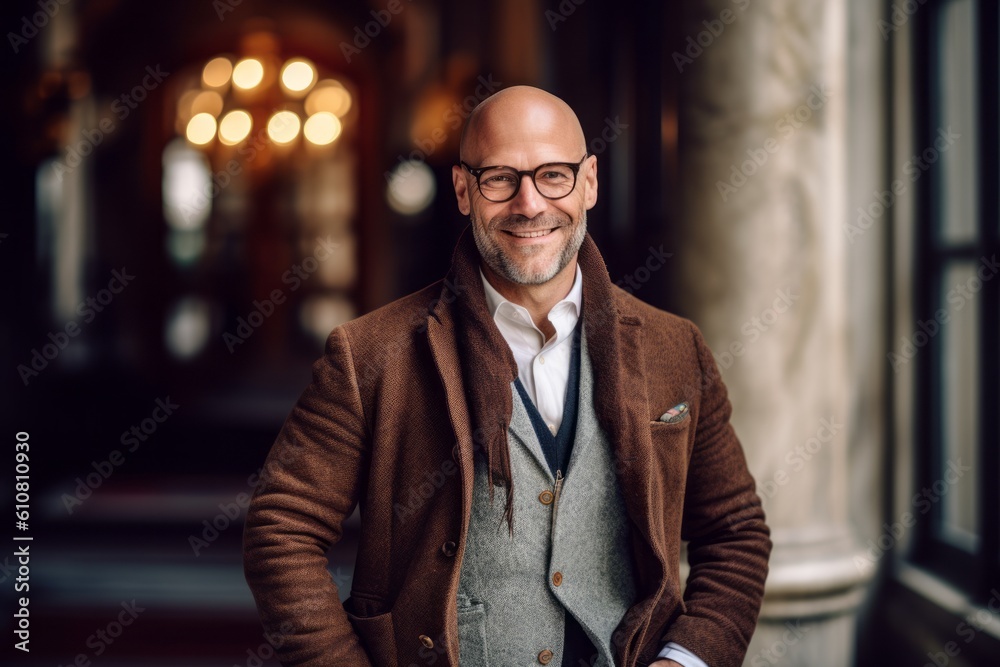 Portrait of a handsome middle-aged man in a coat and glasses. Portrait of a handsome middle-aged man in a coat and glasses.