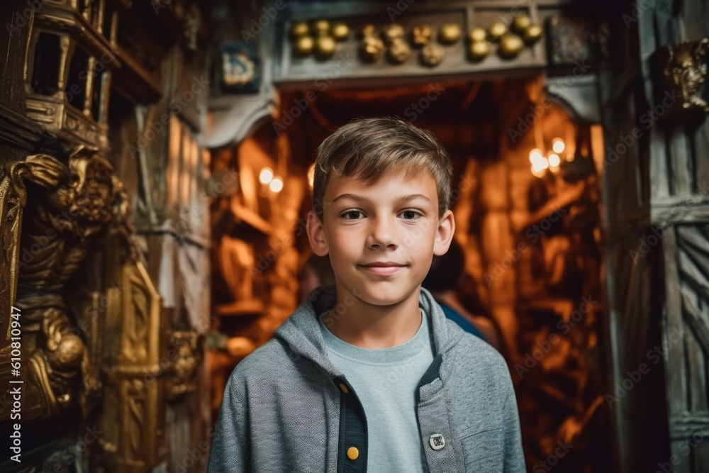 Medium shot portrait photography of a pleased child male that is wearing a chic cardigan against a thrilling haunted house attraction with brave visitors background .  Generative AI