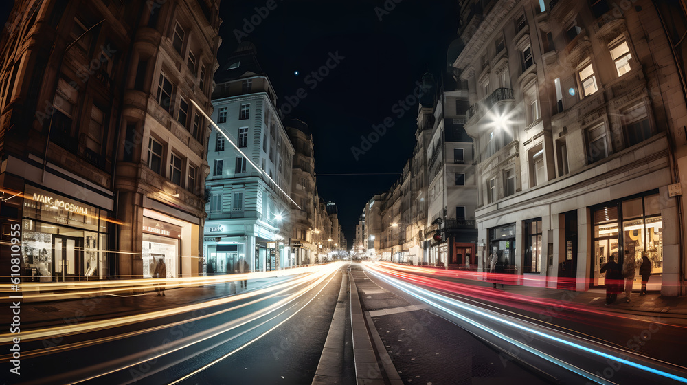 vibrant energy and movement of a bustling city street at night