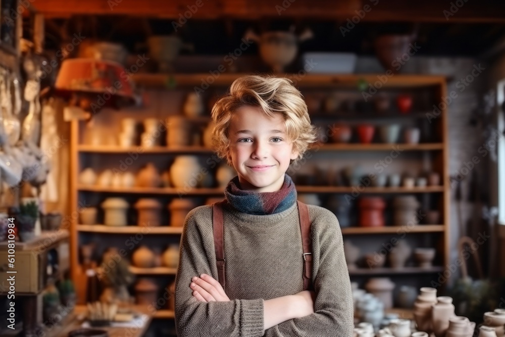 Portrait of a smiling boy in a pottery shop, holding his arms crossed