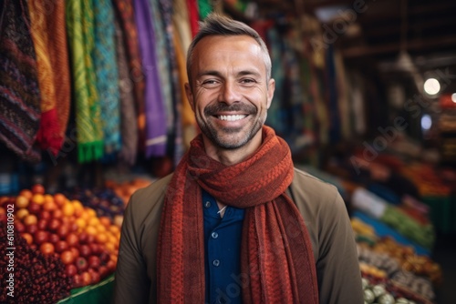 Portrait of smiling man with red scarf looking at camera at market