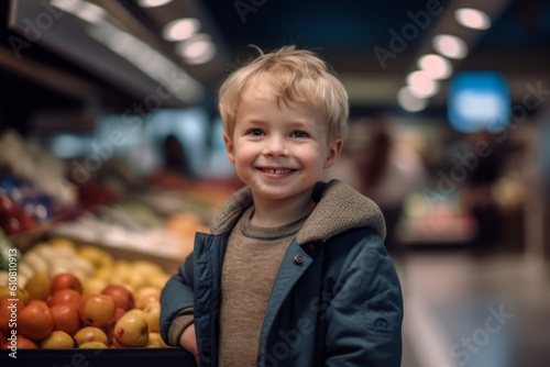 Medium shot portrait photography of a pleased child male that is wearing a chic cardigan against a supermarket checkout background . Generative AI