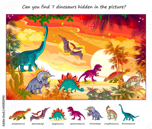 Can you find 7 dinosaurs hidden in the picture? Logic puzzle game for children and adults. Extinct prehistoric Jurassic animals. Educational page. Task for attentiveness. Vector cartoon image.