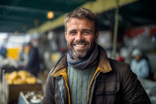 Medium shot portrait photography of a grinning man in his 40s that is wearing a chic cardigan against a bustling fish market with vendors selling their catch background .  Generative AI