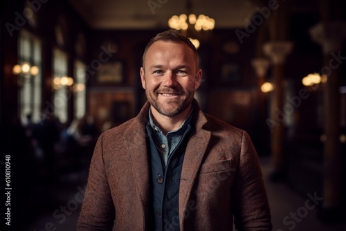 Portrait of a handsome man with a beard in a brown jacket