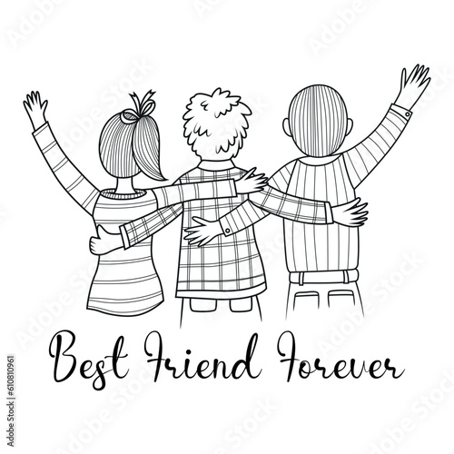 poster and banner design for friendship day. hand drawn illustration of three best friends hugging each other