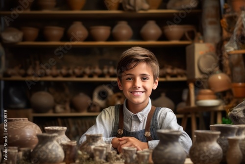 Portrait of a smiling boy in a pottery workshop looking at camera photo