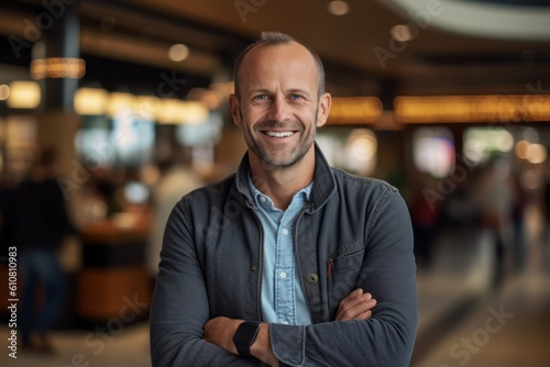 Medium shot portrait photography of a grinning man in his 40s that is wearing a chic cardigan against a bustling food court in a shopping mall background . Generative AI