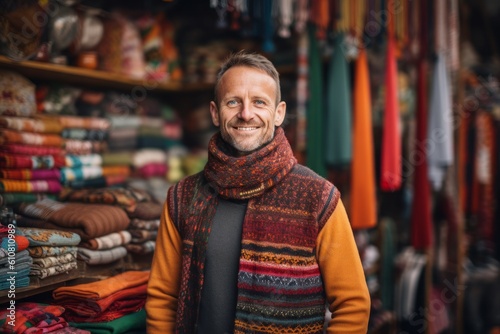 Portrait of a smiling middle-aged man in a knitted sweater and scarf in a shop