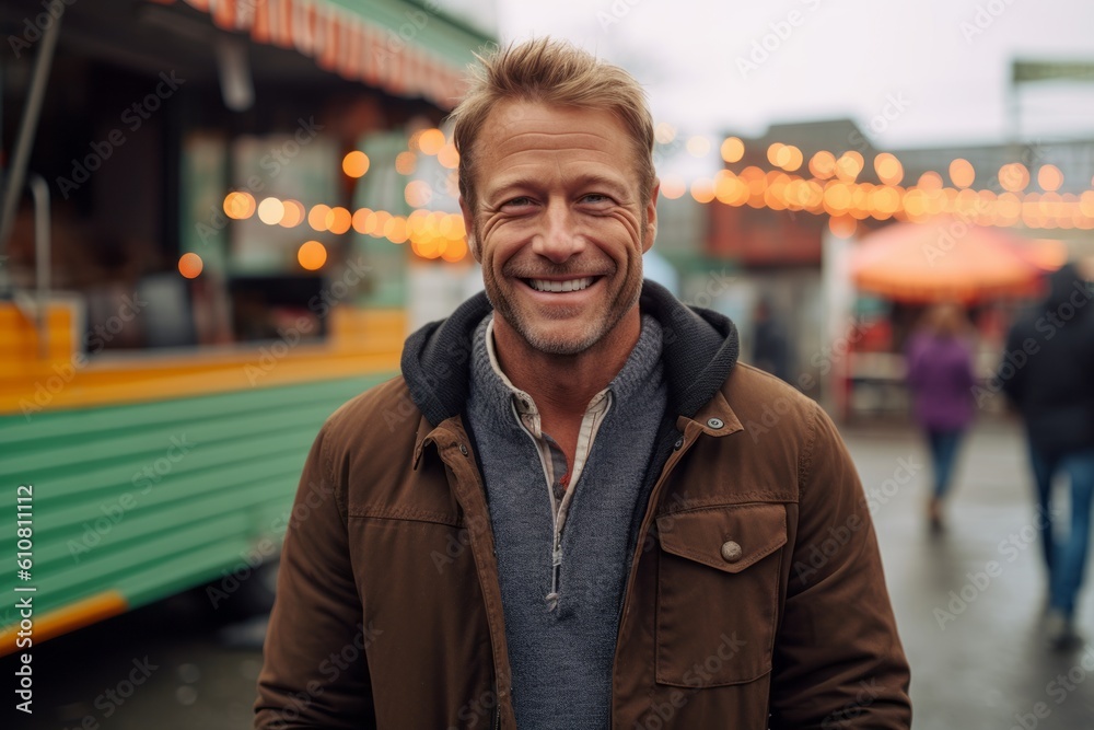 Medium shot portrait photography of a grinning man in his 40s that is wearing a chic cardigan against a food truck-lined street fair background .  Generative AI