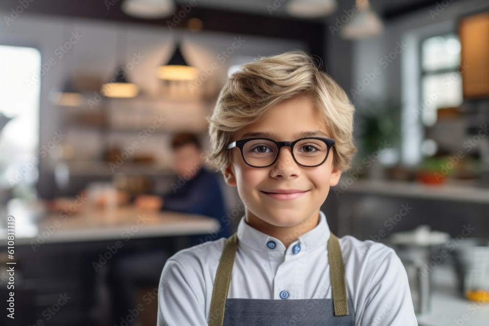 Obraz premium Medium shot portrait photography of a pleased child male that is wearing a chic cardigan against a well-stocked gourmet kitchen with a chef at work background . Generative AI