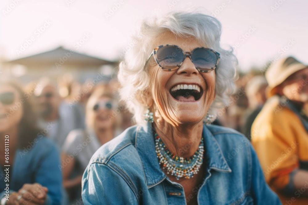 Medium shot portrait photography of a pleased woman in her 70s that is wearing a denim jacket against an outdoor music festival with attendees having fun background . Generative AI Medium shot portrait photography of a pleased woman in her 70s that is wearing a denim jacket against an outdoor music festival with attendees having fun background . Generative AI