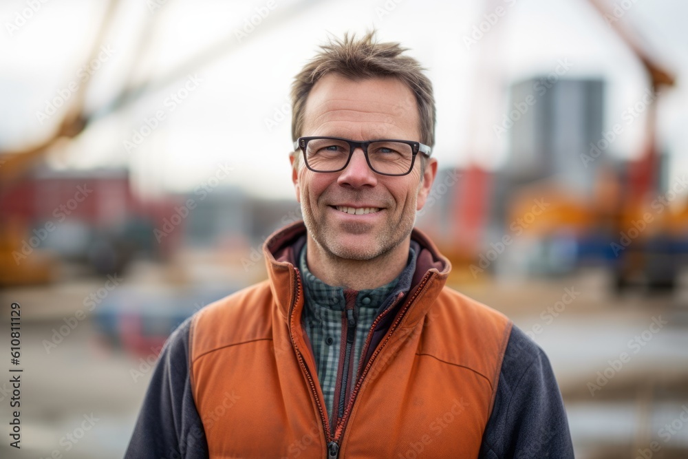 Medium shot portrait photography of a grinning man in his 40s that is wearing a chic cardigan against a busy construction site with cranes and builders background . Generative AI Medium shot portrait photography of a grinning man in his 40s that is wearing a chic cardigan against a busy construction site with cranes and builders background . Generative AI