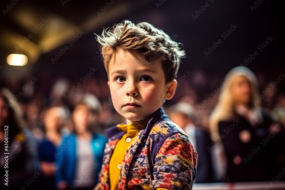 Cute little boy looking at camera during a concert in a theater