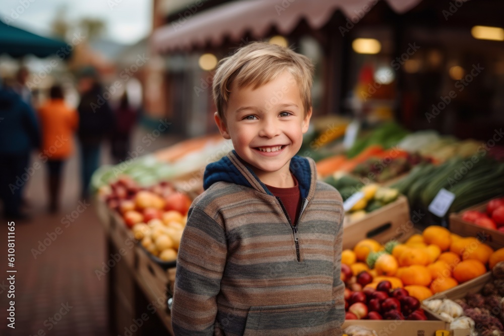 Portrait of a smiling little boy standing at the counter of a market
