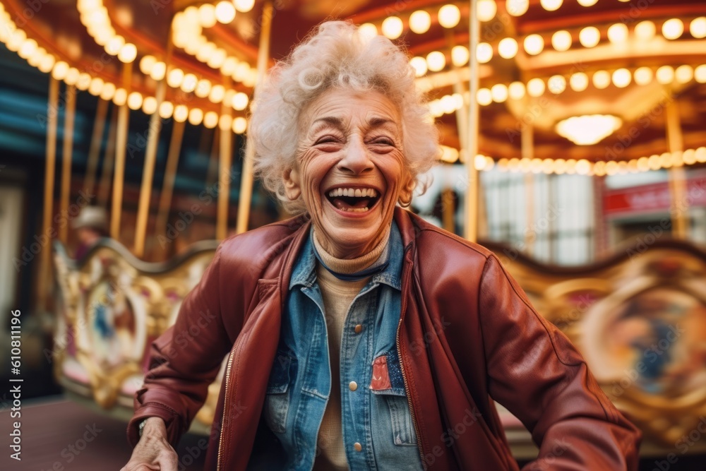 Medium shot portrait photography of a pleased woman in her 90s that is wearing a denim jacket against an old-fashioned carousel in motion at a city square background .  Generative AI