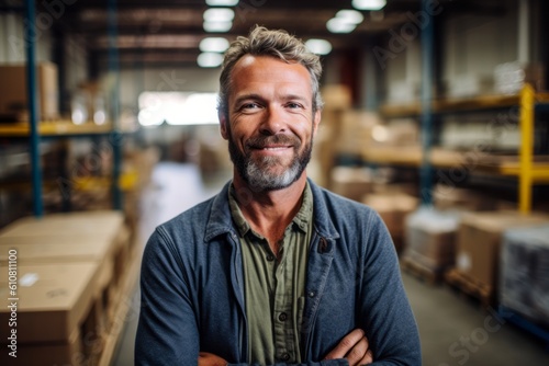 Medium shot portrait photography of a grinning man in his 40s that is wearing a chic cardigan against a busy factory assembly line with workers background . Generative AI