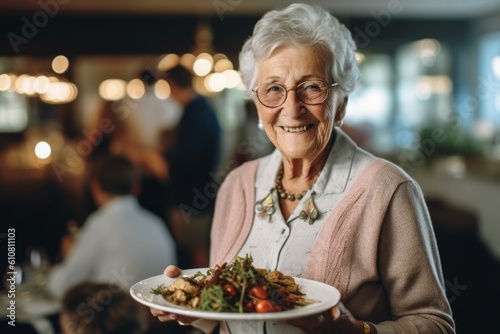 Portrait of smiling senior woman holding plate with salad while standing in restaurant