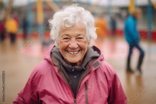 Portrait of a senior woman smiling at the camera in the playground