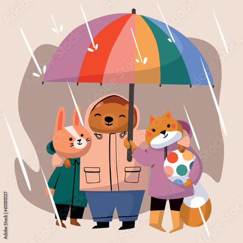 poster and banner design for friendship day. illustration of three best friends embracing each other under an umbrella during the rain