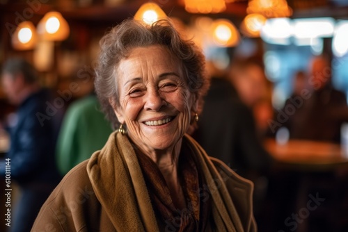 Portrait of smiling senior woman sitting at the counter in a pub