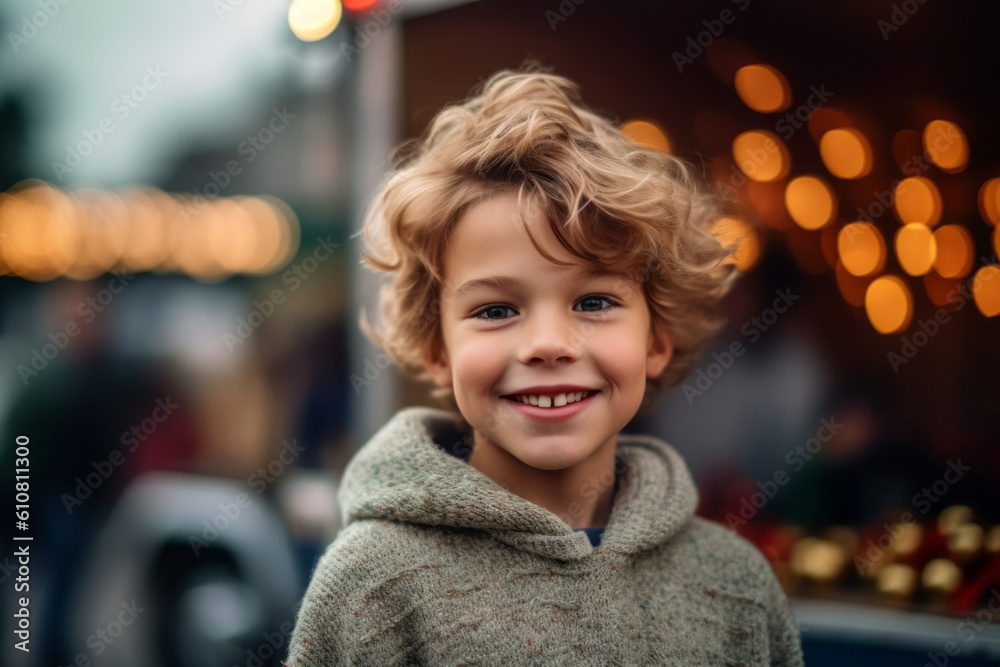 Portrait of a cute little boy with blond curly hair on the background of Christmas market
