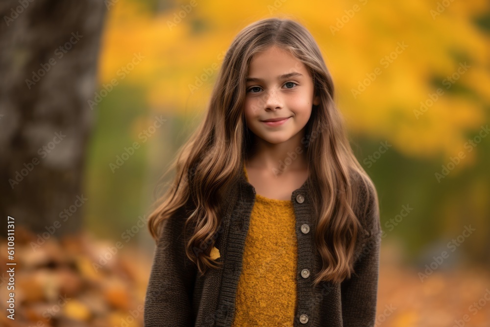 Medium shot portrait photography of a satisfied child female that is wearing a chic cardigan against a brilliant display of fall foliage in a forest background .  Generative AI