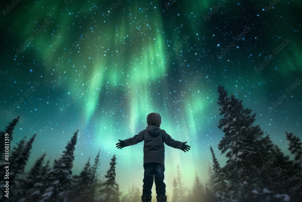 Man looking at aurora borealis, northern lights above the forest