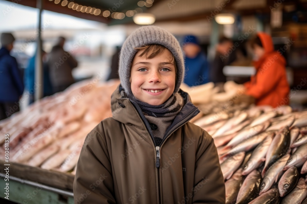 Portrait of a smiling boy at the fish market in wintertime