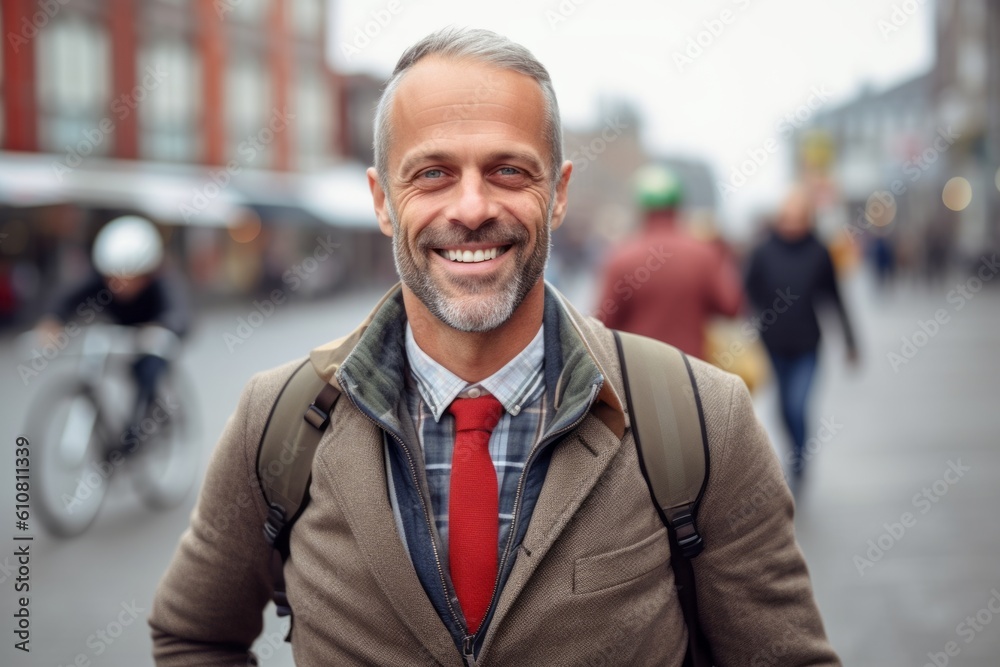 Portrait of a smiling mature man with backpack on the city street