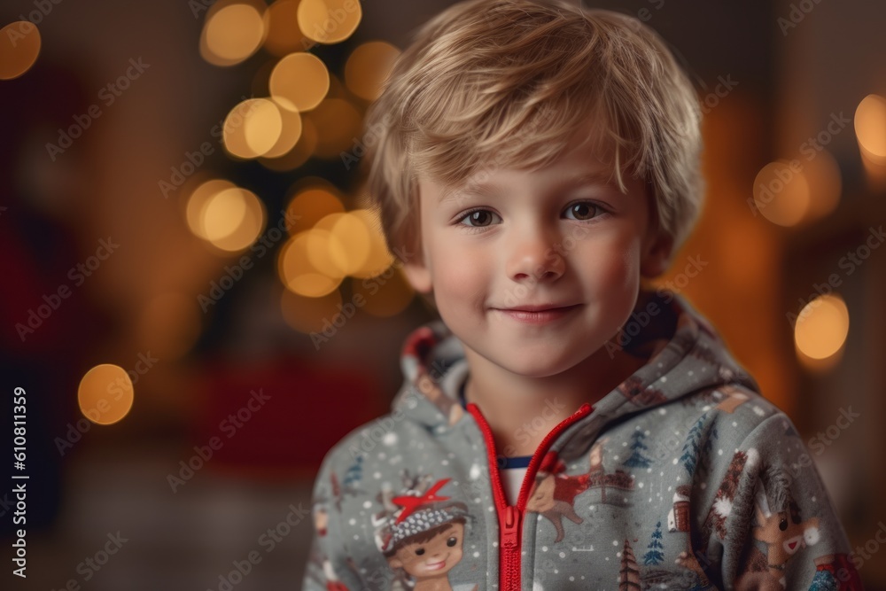 Medium shot portrait photography of a pleased child male that is wearing a snuggly pajama set against a bokeh background .  Generative AI