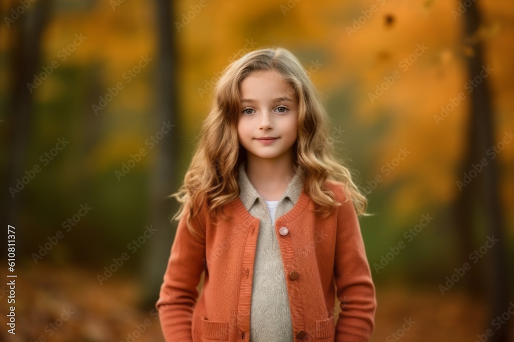 Medium shot portrait photography of a satisfied child female that is wearing a chic cardigan against a brilliant display of fall foliage in a forest background . Generative AI Medium shot portrait photography of a satisfied child female that is wearing a chic cardigan against a brilliant display of fall foliage in a forest background . Generative AI
