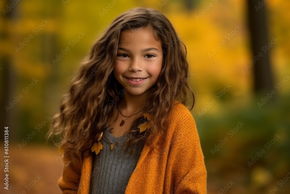 Portrait of a beautiful little girl with long curly hair in autumn park