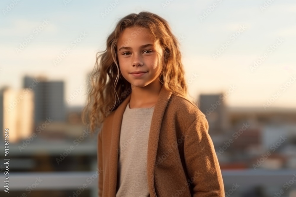 Portrait of a cute little girl with curly hair in a beige coat on the background of the city. Portrait of a cute little girl with curly hair in a beige coat on the background of the city.