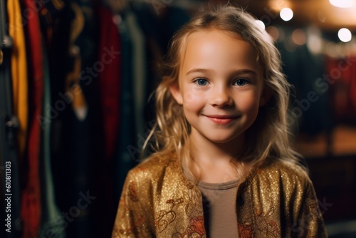 Portrait of smiling little girl looking at camera in clothing store.