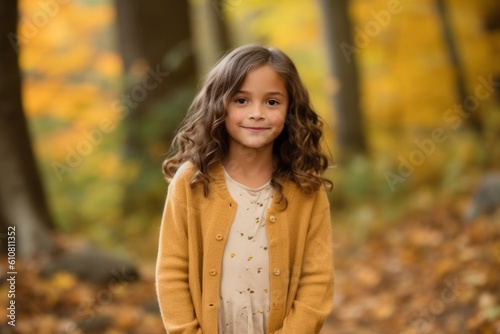Portrait of a cute little girl in the autumn forest. Autumn fashion.