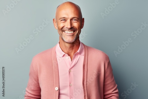 Medium shot portrait photography of a grinning man in his 40s that is wearing a chic cardigan against a pastel or soft colors background . Generative AI