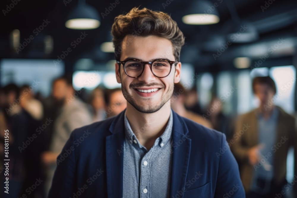 Portrait of smiling businessman in office with colleagues in background. Entrepreneurship concept Portrait of smiling businessman in office with colleagues in background. Entrepreneurship concept
