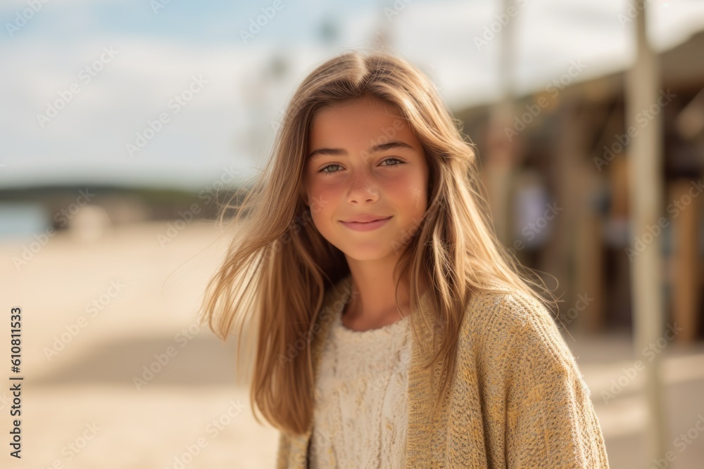Portrait of a beautiful little girl with blond hair in a yellow sweater on the beach