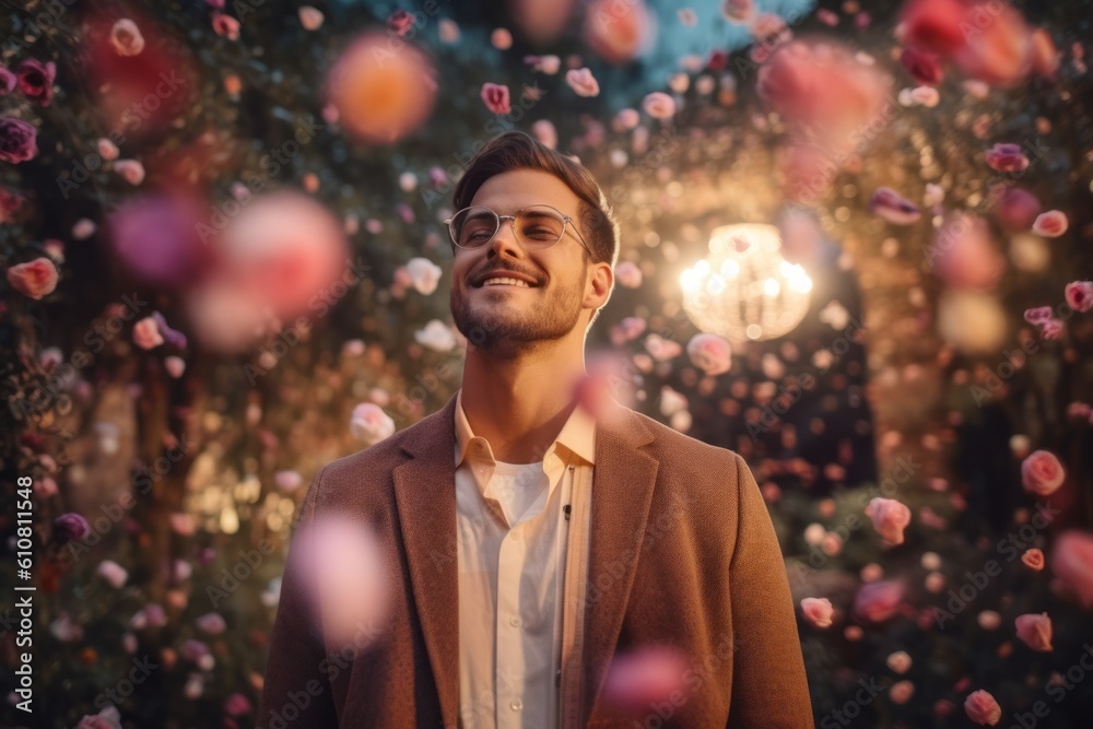 Medium shot portrait photography of a pleased man in his 20s that is wearing a chic cardigan against a magical garden with blooming roses and twinkling lights background . Generative AI Medium shot portrait photography of a pleased man in his 20s that is wearing a chic cardigan against a magical garden with blooming roses and twinkling lights background . Generative AI