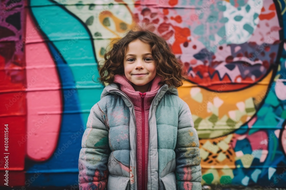Medium shot portrait photography of a satisfied child female that is wearing a chic cardigan against a vibrant street art mural painting in progress background .  Generative AI