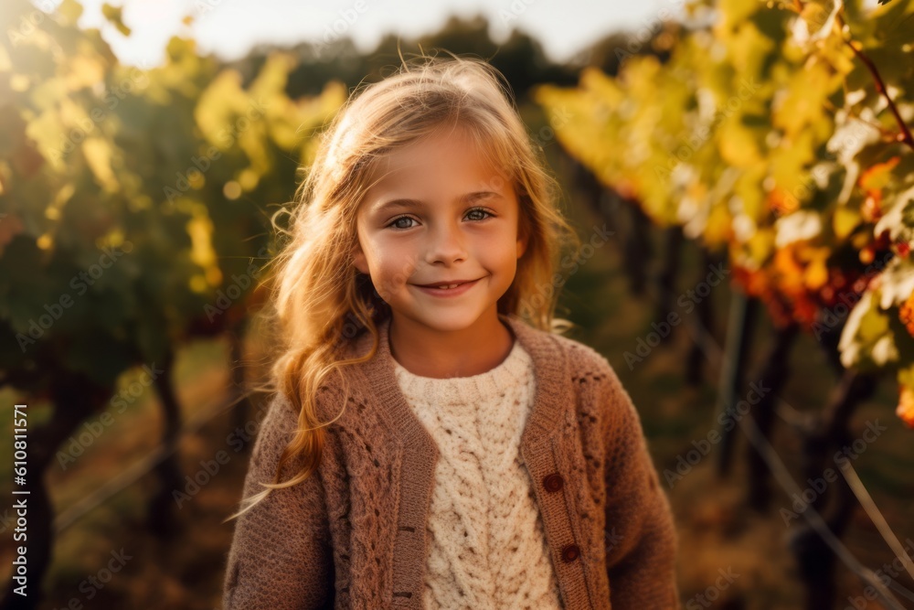 Cute little girl in vineyard at sunset. Selective focus. Cute little girl in vineyard at sunset. Selective focus.