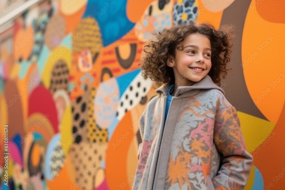Medium shot portrait photography of a satisfied child female that is wearing a chic cardigan against a vibrant street art mural painting in progress background . Generative AI Medium shot portrait photography of a satisfied child female that is wearing a chic cardigan against a vibrant street art mural painting in progress background . Generative AI
