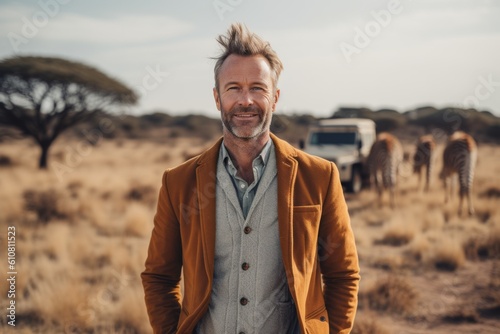 Medium shot portrait photography of a grinning man in his 40s that is wearing a chic cardigan against an african safari with wild animals roaming background . Generative AI