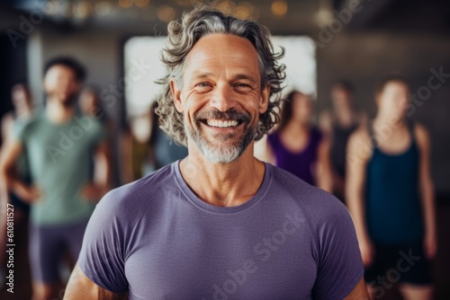 Portrait of smiling senior man standing with arms crossed in fitness studio