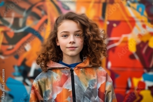Medium shot portrait photography of a satisfied child female that is wearing a chic cardigan against a vibrant street art mural painting in progress background .  Generative AI